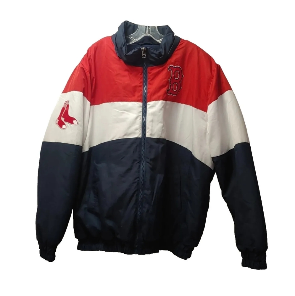 Vtg Carl Banks Boston Red Socks Puffer Coat Zip Colorblock Fleece Lined Men XL